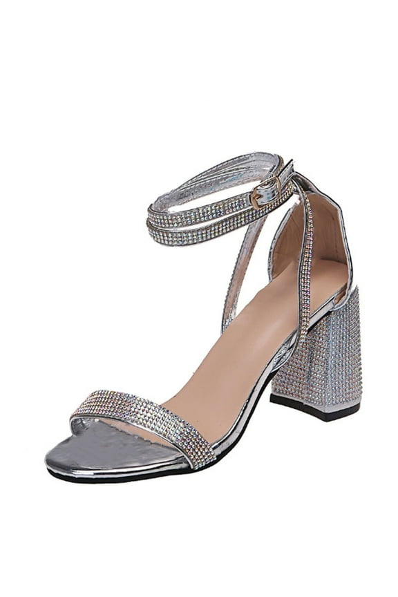 Women's Formal Rhinestone High Heel Sandal Open Toe Ankle Strap Chunky Block Heeled Sandals Party Wedding Dress Pump Shoes