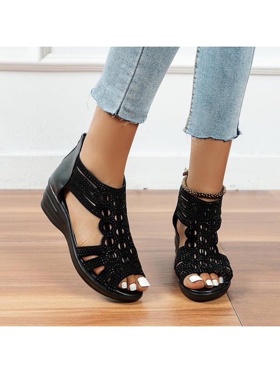 Women's Gladiator Sandals Cutout Caged Retro Summer Beach Soft Sandals Open Toe Back Zipper Strappy Low Wedge Sandals (Black)