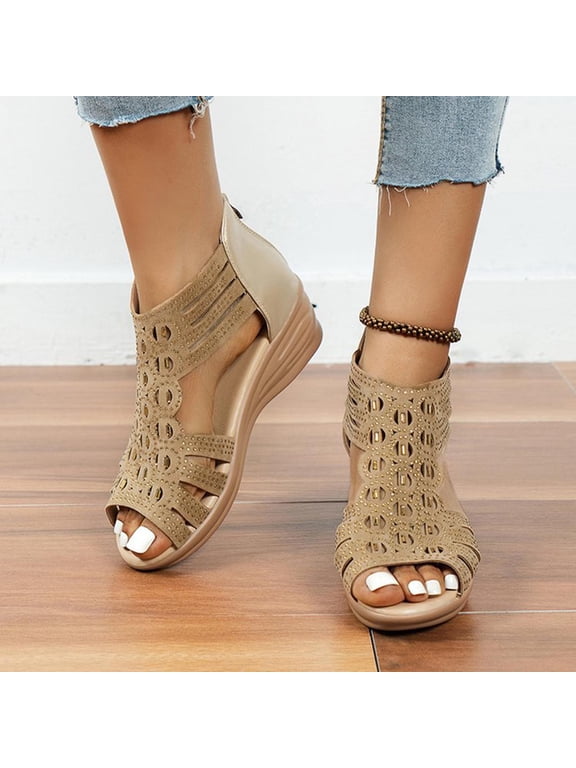 Women's Gladiator Sandals Cutout Caged Retro Summer Beach Soft Sandals Open Toe Back Zipper Strappy Low Wedge Sandals (Khaki)