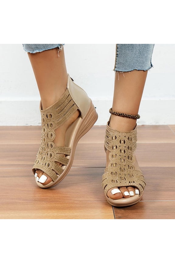 Women's Gladiator Sandals Cutout Caged Retro Summer Beach Soft Sandals Open Toe Back Zipper Strappy Low Wedge Sandals (Khaki)