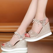 JeashCHAT Womens Glitter Platform Wedge Sandals Open Toe Metal Buckle Rhinestones Pearl String Tassel Ankle Strap Wedge Sandal for Party Wedding Gold