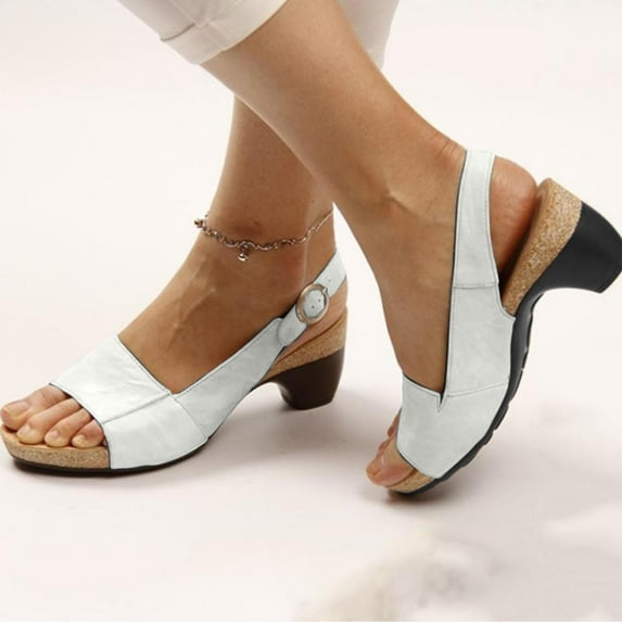 JeashCHAT Women's Heeled Sandals Elegant Low Chunky Heel Sandals Party Pump Sandals Open Toe Ankle Strap Summer Casual Shoes (White)