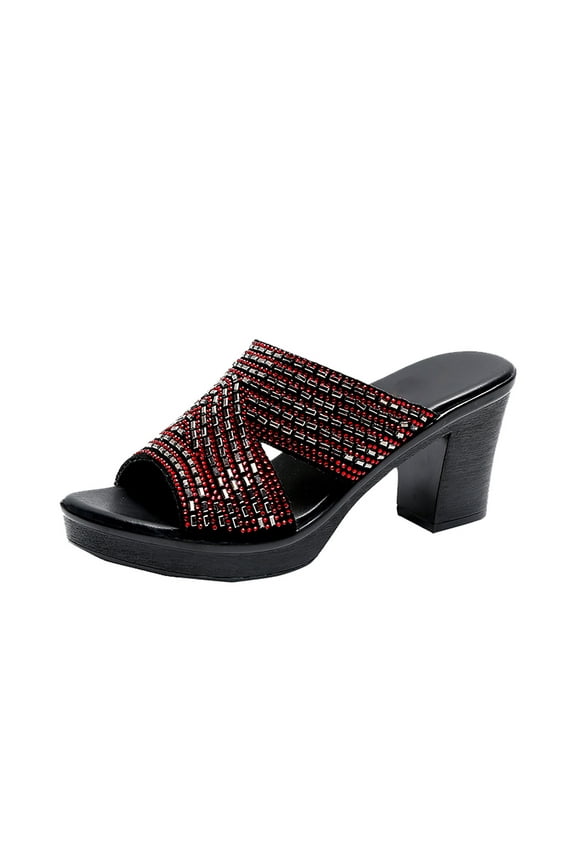 Women's Heeled Sandals Rhinestone Backless Open Toe Slip On Slide Sandals High Block Chunky Heels Sandals Dress Pumps Shoes (Red)