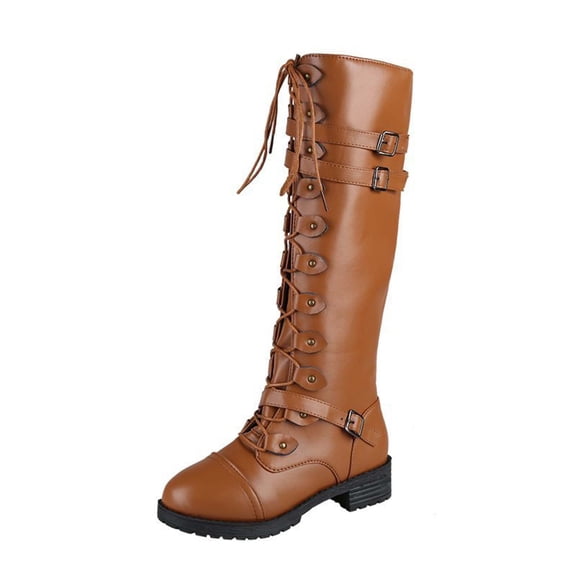 JeashCHAT Women's Knee High Boots Lace Up Belt Buckle Boots for Women with Comfort Chunky Heel