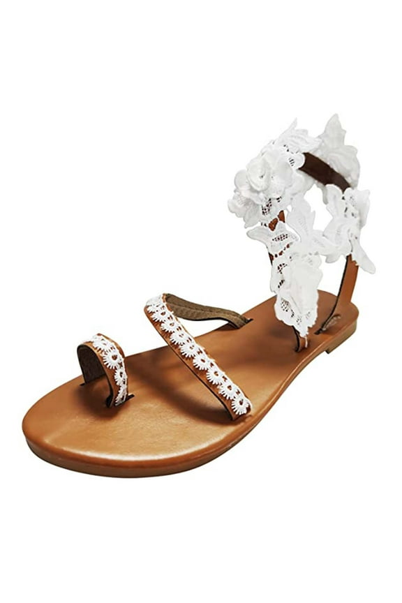 Women's Lace Floral Flat Sandals Clip Toe Ring Slip On Elegant Vintage Flowers Sandal Summer Beach Wedding Sandals
