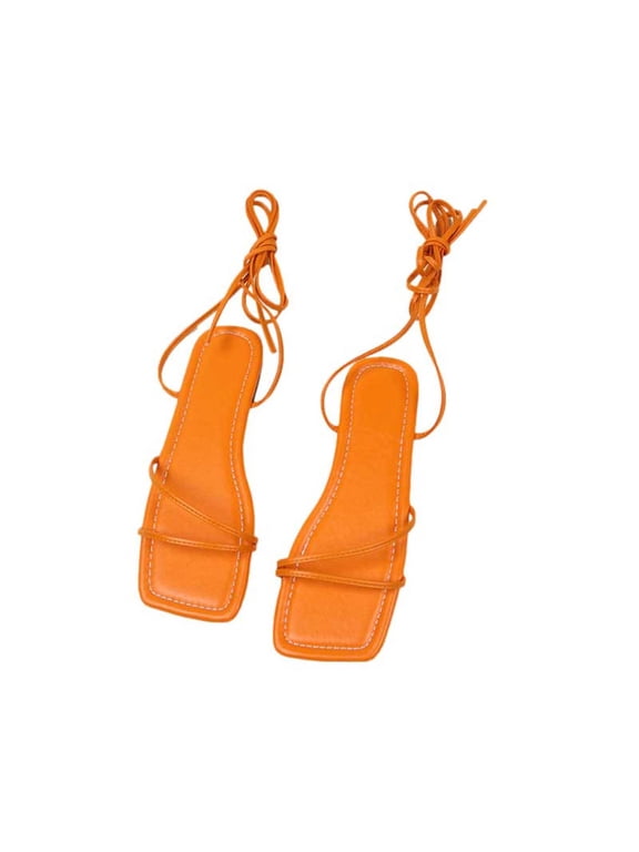 Women's Lace Up Strappy Flat Sandals Square Open Toe Tie Up PU Leather Sandals Summer Gladiator Sandals for Party Beach Travel