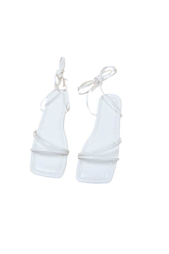 Women's Lace Up Strappy Flat Sandals Square Open Toe Tie Up PU Leather Sandals Summer Gladiator Sandals for Party Beach Travel