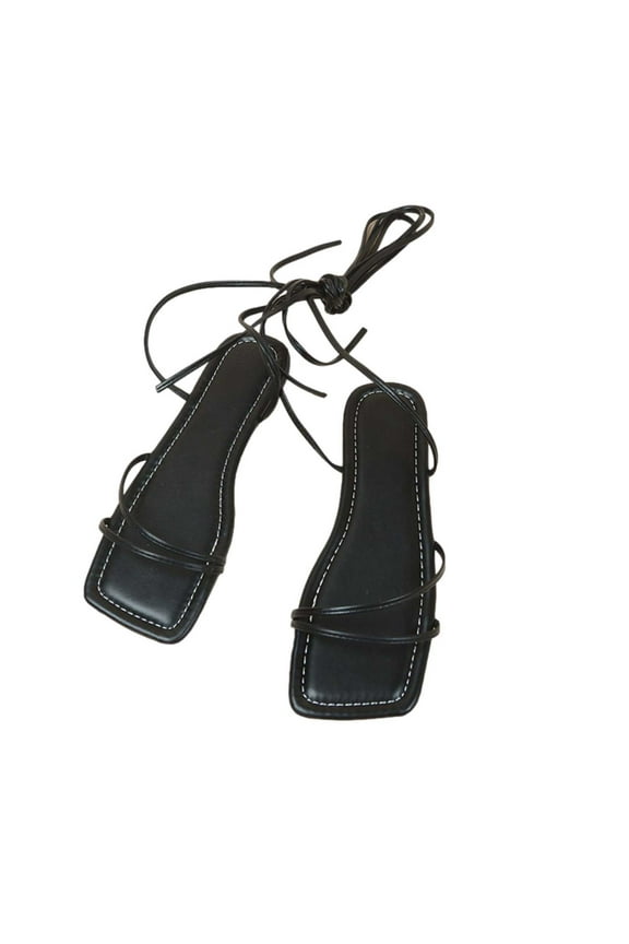 Women's Lace Up Strappy Flat Sandals Square Open Toe Tie Up PU Leather Sandals Summer Gladiator Sandals for Party Beach Travel