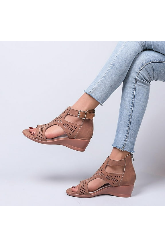 Women's Low Wedge Sandals Open Toe Hollow Out Buckle Ankle Strap Back Zipper Fashion Dress Shoes for Woman Lady (Brown)