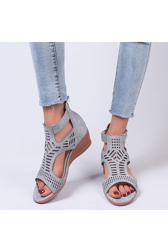 Women's Low Wedge Sandals Open Toe Hollow Out Buckle Ankle Strap Back Zipper Fashion Dress Shoes for Woman Lady (Gray)