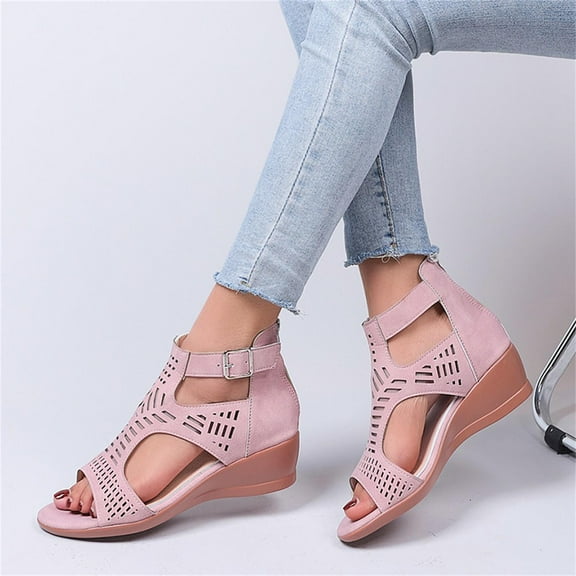 JeashCHAT Women's Low Wedge Sandals Open Toe Hollow Out Buckle Ankle Strap Back Zipper Fashion Dress Shoes for Woman Lady (Pink)
