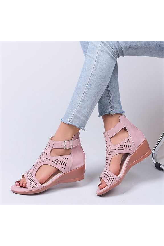 Women's Low Wedge Sandals Open Toe Hollow Out Buckle Ankle Strap Back Zipper Fashion Dress Shoes for Woman Lady (Pink)