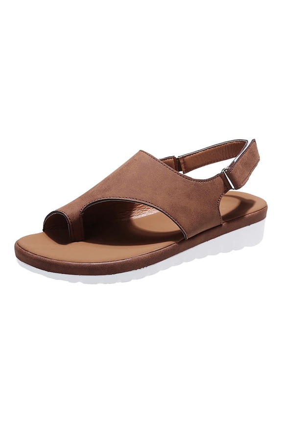 Women's PU Leather Toe Post Slip On Flat Sandals Summer Casual Lightweight Beach Sandals Open Toe Ankle Strap Stylish Walking Sandal