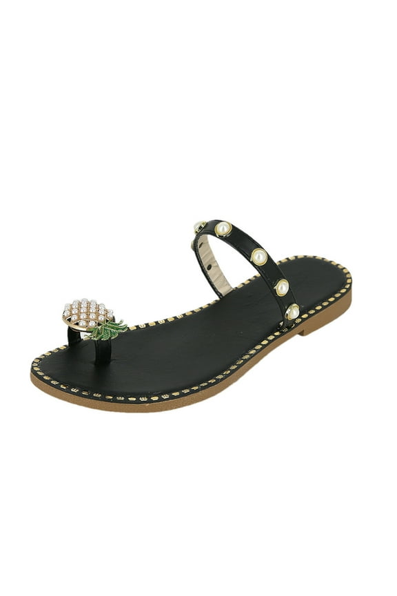 Women's Pineapple Pearls Flat Sandals, Clip Toe Flip Flops Boho Casual Flat Slippers Beach Shoes for Summer Oceanside Holiday Outdoor