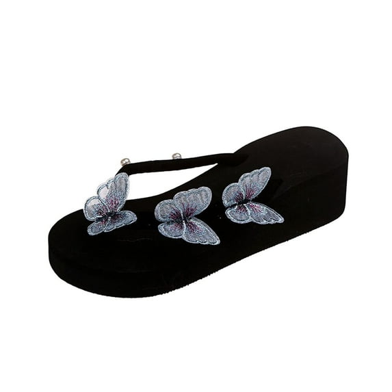 JeashCHAT Women's Platform Wedge Flip Flops T-Strap Butterfly Sandals Beach Sandals for Women Casual Slides (Blue)