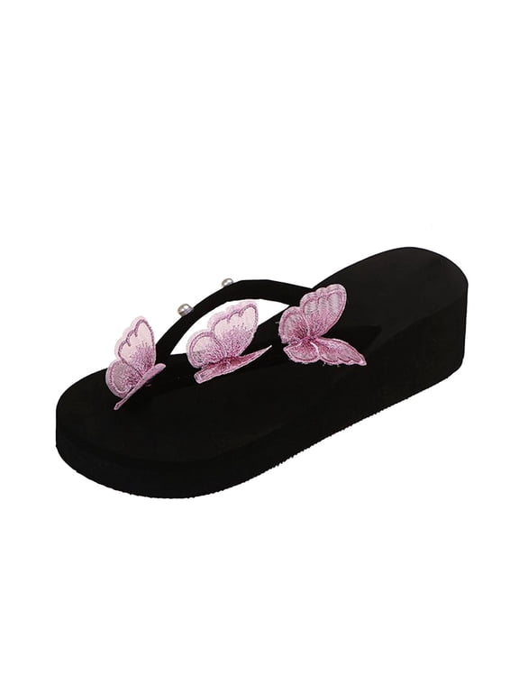 Women's Platform Wedge Flip Flops T-Strap Butterfly Sandals Beach Sandals for Women Casual Slides (Pink)