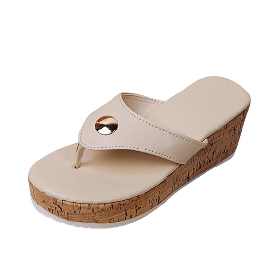 JeashCHAT Women's Platform Wedge Flip Flops Thong Sandals T-Strap Slip On Summer Slide Sandals (Beige)