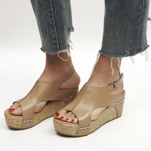 JeashCHAT Women's Platform Wedge Sandals Open Toe Buckle Ankle Strap Studded Espadrille Summer Casual Wedge Sandal (Beige)