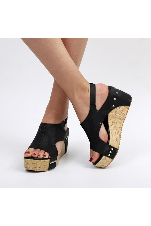 Women's Platform Wedge Sandals Open Toe Buckle Ankle Strap Studded Espadrille Summer Casual Wedge Sandal (Black)