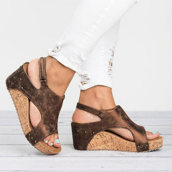 JeashCHAT Women's Platform Wedge Sandals Open Toe Buckle Ankle Strap Studded Espadrille Summer Casual Wedge Sandal (Brown)