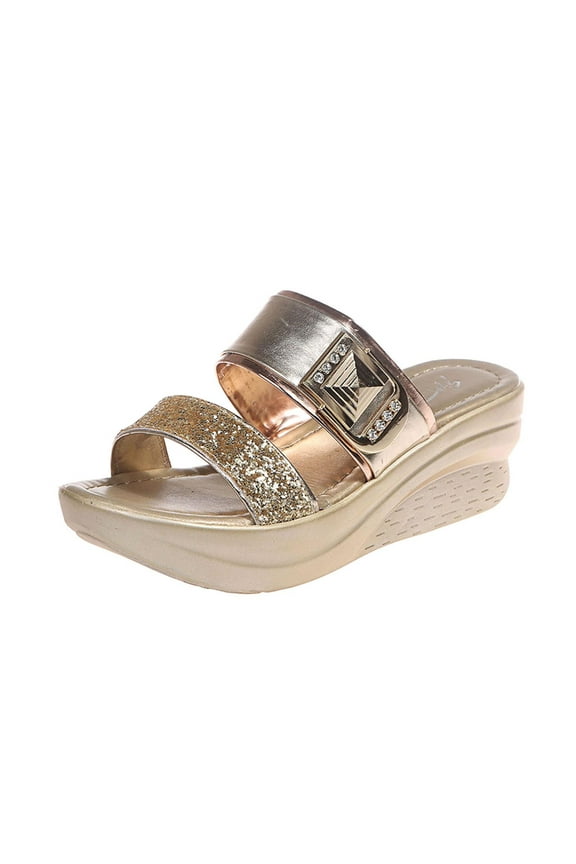 Women's Platform Wedge Sandals Two Strap Slip On Slide Sandals Comfortable Summer Sandals Open Toe Wedges (Gold)