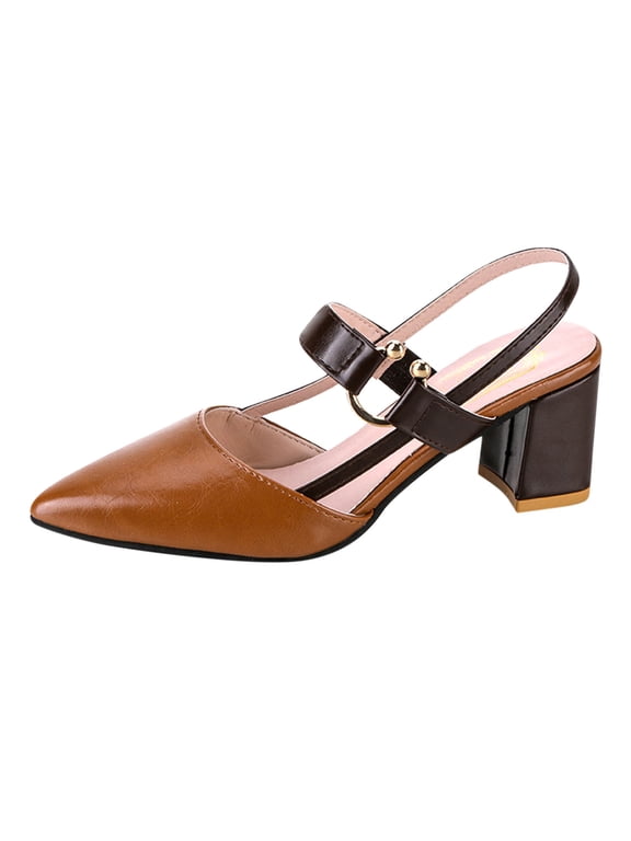 Women's Pumps Low Chunky Heels Slingback Pointed Toe Block Dress Shoes Closed Toe Comfortable Wedding Work Pumps (Brown)
