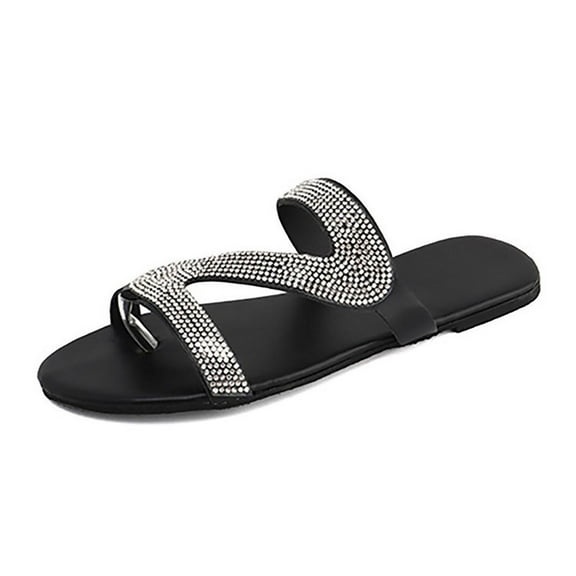 JeashCHAT Women's Rhinestone Flat Sandals Flat Slippers Strappy Slip On Open Toe Slide Sandals Plus-size Flip Flops Dressy Thong Sandals