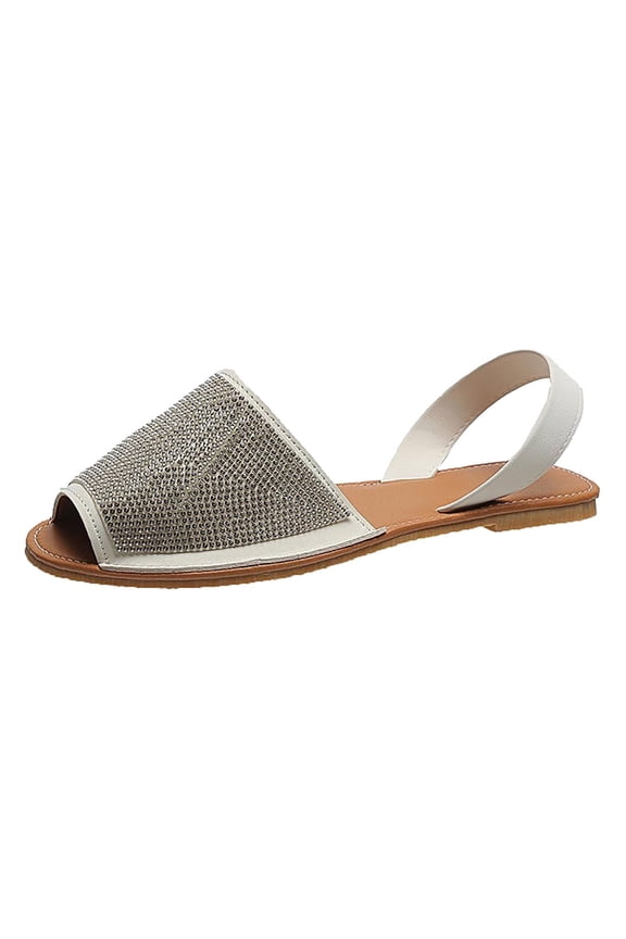 Women's Rhinestone Flat Sandals Peep Toe Ankle Strap Slip On Beach Sandals Fashion Soft Sole Casual Sandals