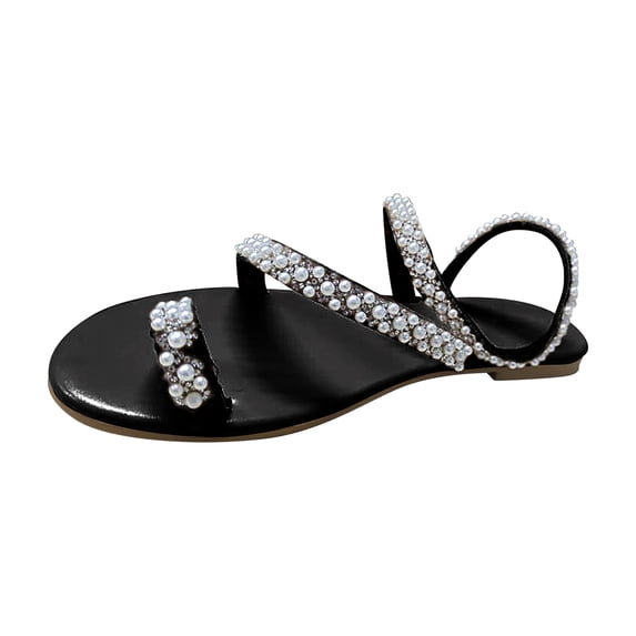 JeashCHAT Women's Rhinestone Pearl Flat Sandals Flip Flops with Clip Toe Ring Beach Sandals Summer Casual Open Toe Gladiator Sandals for Summer Holiday Outdoor