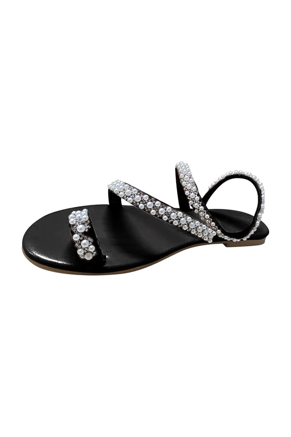 Women's Rhinestone Pearl Flat Sandals Flip Flops with Clip Toe Ring Beach Sandals Summer Casual Open Toe Gladiator Sandals for Summer Holiday Outdoor