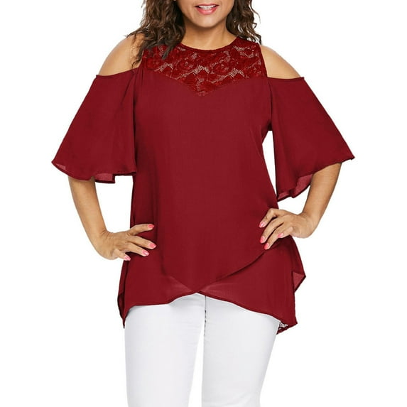 JeashCHAT Women's Shirts Clearance Plus Size Women O-Neck Cold Shoulder Solid Lace Short Sleeve Zipper Tops Blouse