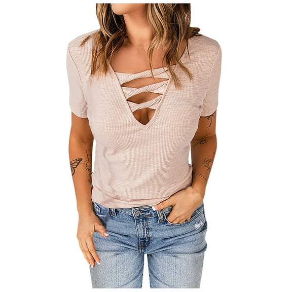 JeashCHAT Women's Shirts Women Casual T-shirt Solid Short Sleeve V-Neck Pullover Blouse Tops