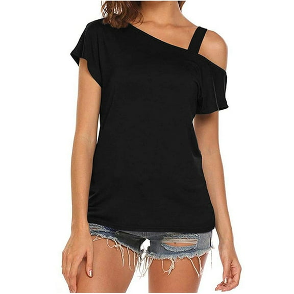 JeashCHAT Women's Shirts Women Sexy Solid Strapless Skew Collar Short Sleeve T-shirt Tops Casual Blouse