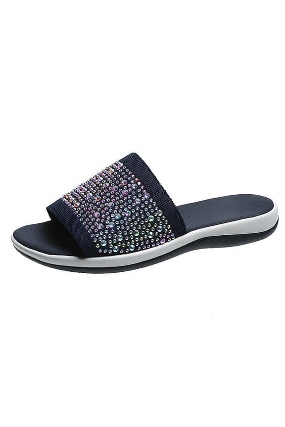 Women's Slide Sandals Summer Ladies Rhinestone Slippers Casual Breathable Slip On Flat Sandals (Black)