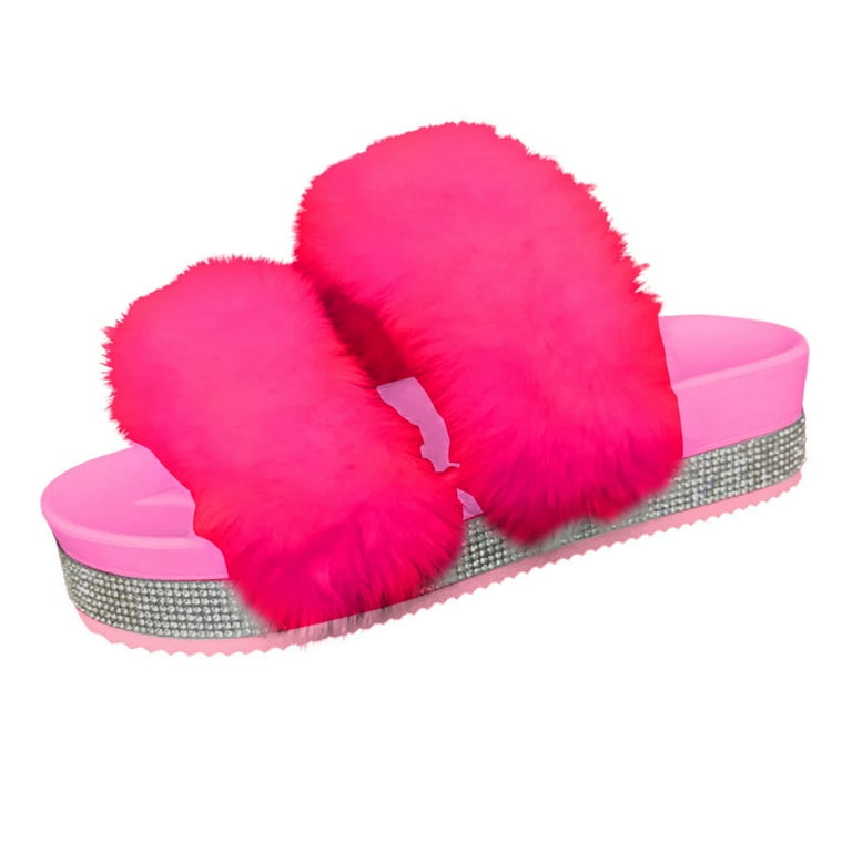 JeashCHAT Women s Slip On Platform Sandals Comfortable Open Toe Rhinestone Flatform Slide Sandals Fuzzy Two Strap Slipper Indoor Outdoor Walmart