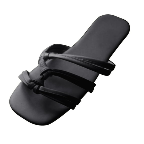 JeashCHAT Women's Strappy Slide Sandals Square Open Toe Flat Sandals Slip On Slides for Summer Beach (Black)