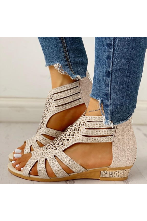 Women's Summer Sandals Rhinestone Back Zipper Flat Beach Sandal Open Toe Cutout Caged Dress Sandals (Beige)