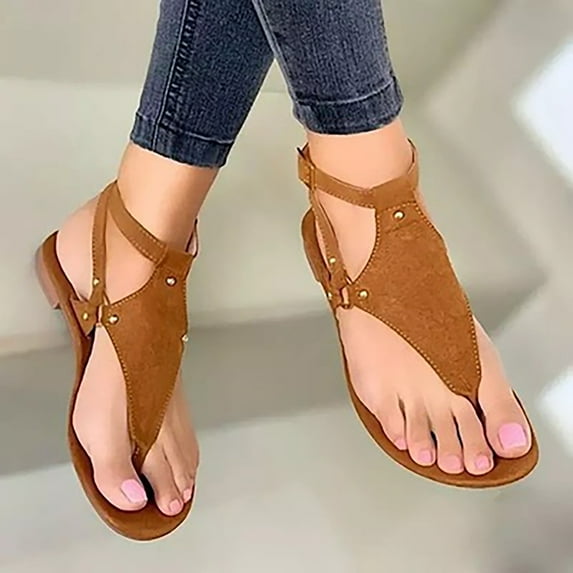 JeashCHAT Women's Thong Sandals Flat Sandals Casual T-Strap Dress Sandals Adjustable Buckle Ankle Strap Summer Beach Flat Thong Sandals (Brown)
