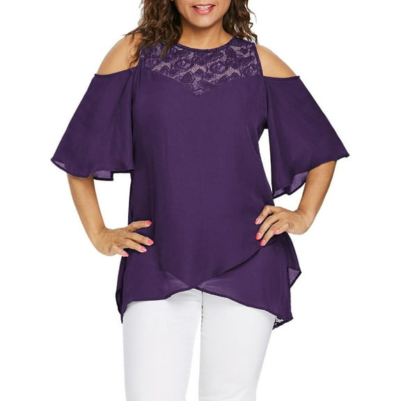 JeashCHAT Women's Tops Casual Plus Size Women O-Neck Cold Shoulder Solid Lace Short Sleeve Zipper Tops Blouse
