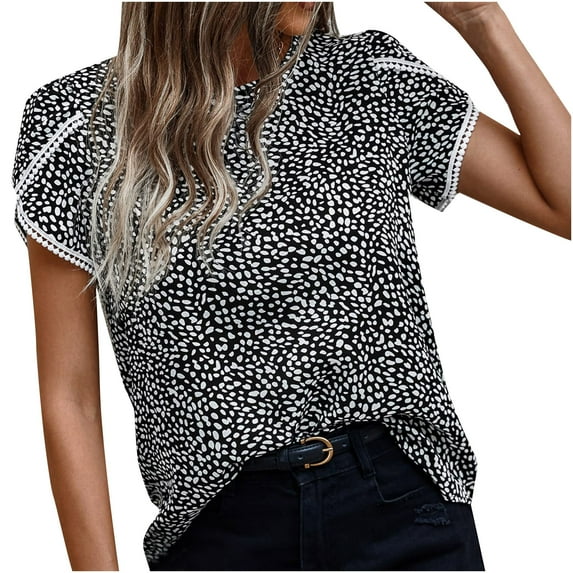JeashCHAT Women's Tops Casual Clearance Women's Short Sleeve Print Round Neck T-Shirt Loose Casual Summer Tee Tops