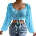 thumbnail image 1 of JeashCHAT Women's Tops Casual Women's Long Sleeve Mesh Solid Color Drawstring V-Neck Cropped Top Blouse, 1 of 9