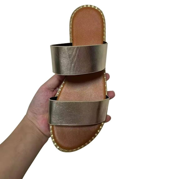 JeashCHAT Women's Two Band Sandal Slide Sandals Open Toe Double Strap Slip On Flat Sandals Casual Summer Sandals Slippers for Beach Indoor Outdoor