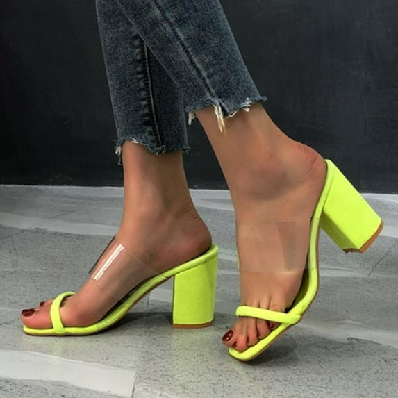 JeashCHAT Women's Two Strap Open Toe Low Block Chunky Heels Sandals Dress Pumps Shoes Slip On Heeled Sandal Comfortable Slides for Summer Travel Vacation (Yellow)