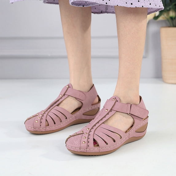 JeashCHAT Women's Wedge Sandals Ankle Strap Closed Toe Summer Sandal Beach Bohemian Comfortable Platform Outdoor Flats Shoes (Pink)