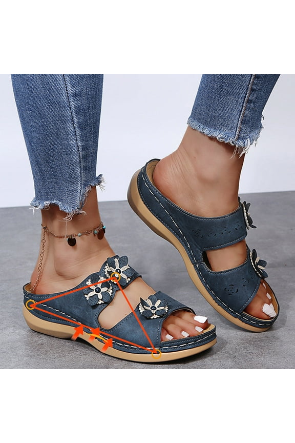 Women's Wedge Sandals Summer Slip on Platform Slides Ladies Comfortable Casual Open Toe Footbed Sandals Flowers Slippers with Arch Support (Navy)