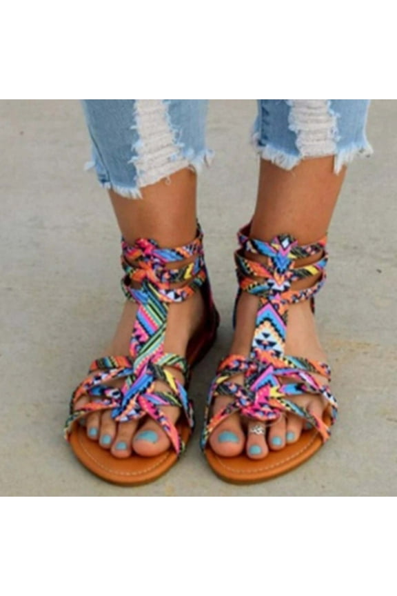 Womens Bohemian Gladiator Sandals Strap Sandals Summer Flat Fisherman Cross Strappy Sandals Casual Beach Sandals with Back Zipper (Purple)