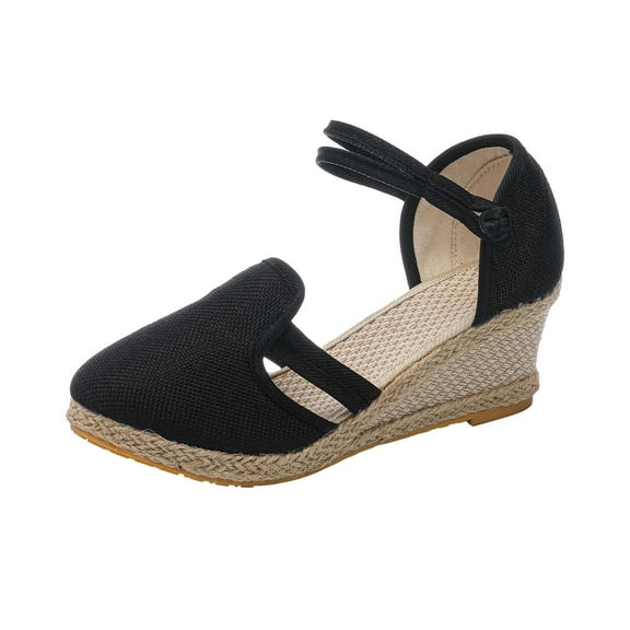 JeashCHAT Womens Espadrilles Wedge Sandals Platform Closed Toe Ankle Strap Summer Sandals Mid Low Heel Canvas Summer Dress Shoes