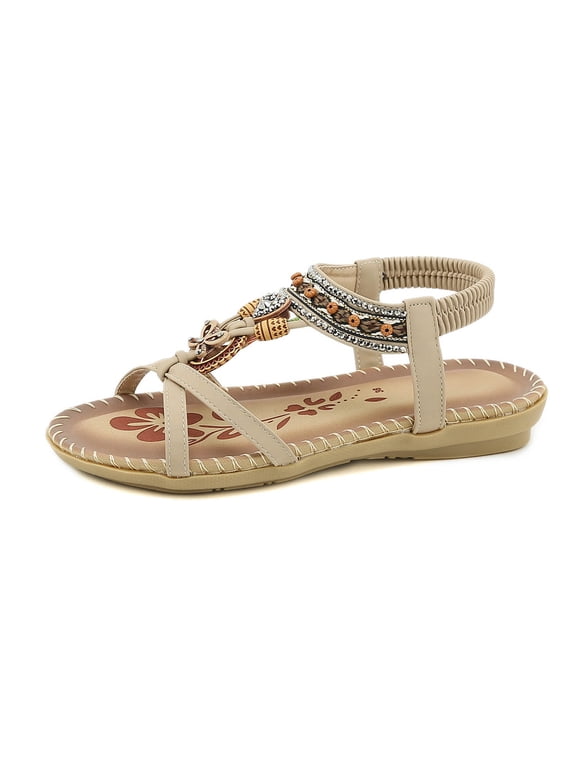 Womens Flat Sandals Bohemian T-Strap String Beads Arch Support Summer Comfort Sandal Ankle Elastic Flats Casual Beach Shoes