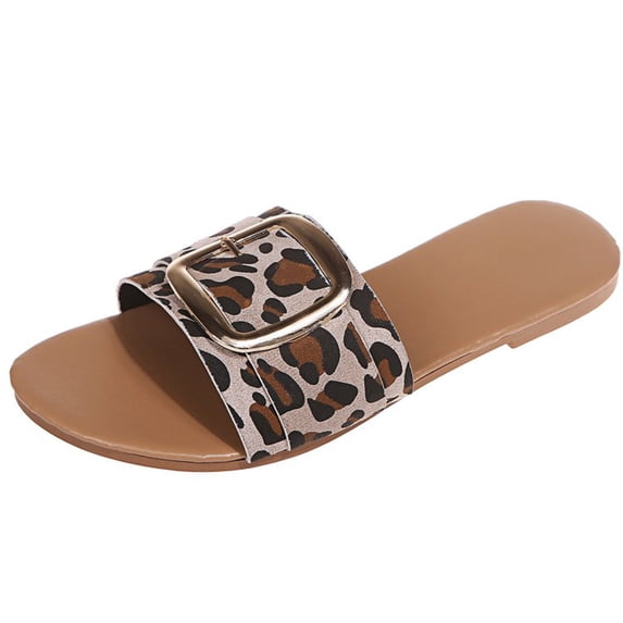 JeashCHAT Womens Flat Slide Sandals Summer Comfort Slip On Sandals Soft Leather Slippers with Adjustable Metal Buckle (Brown)