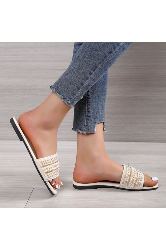Womens Flat Slide Sandals Summer Fashion Beach Sandals Slippers Rhinestone Pearl Glitter Casual Sandal Flat Open Toe Slides